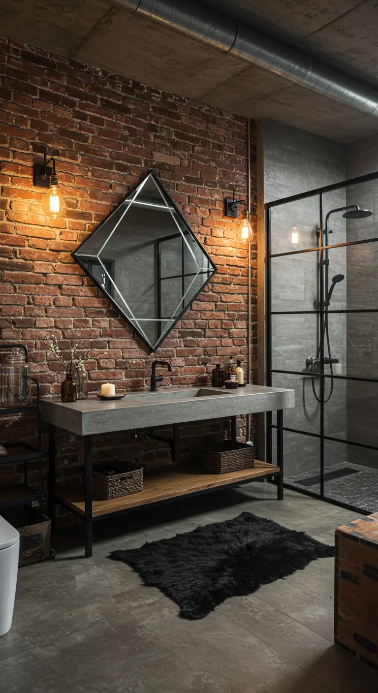 Industriële badkamer met een diamantvormige spiegel aan een bakstenen muur.