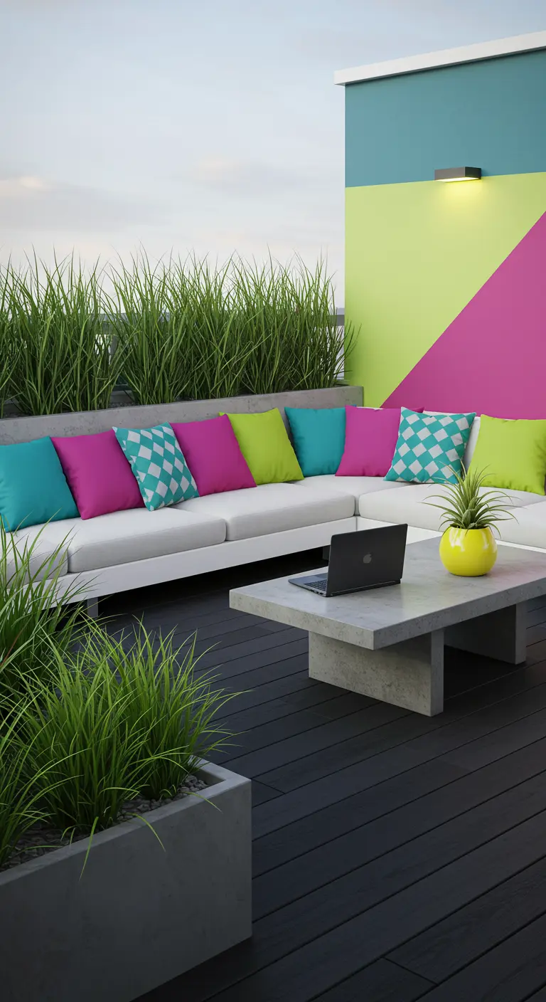 Modern dakterras met witte loungebank, felgekleurde kussens en geometrisch geschilderde muur.