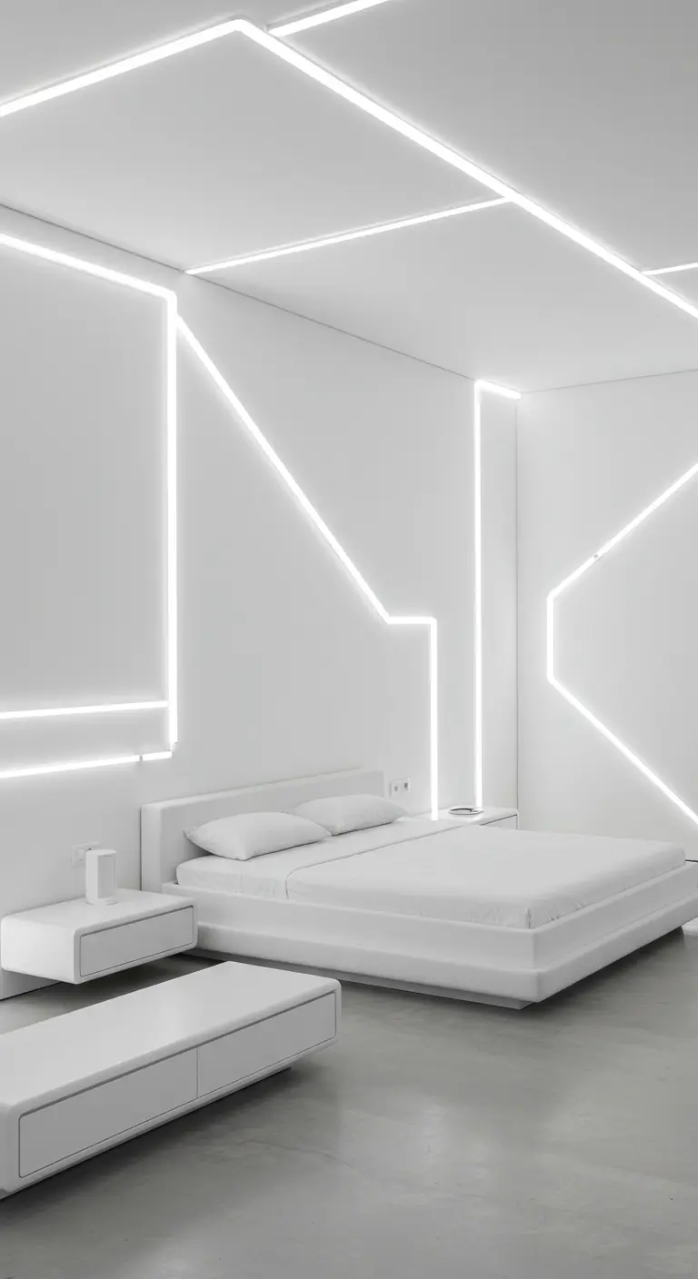 Strakke, volledig witte slaapkamer met geometrische LED-lichtlijnen op muren en plafond.