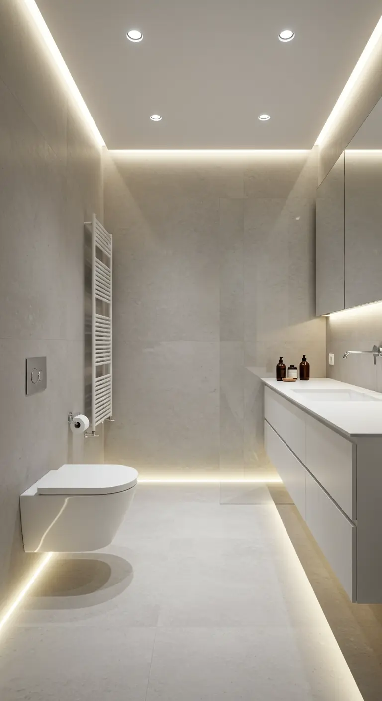 Grijze badkamer met LED-lichtstrips langs plafond en vloer.