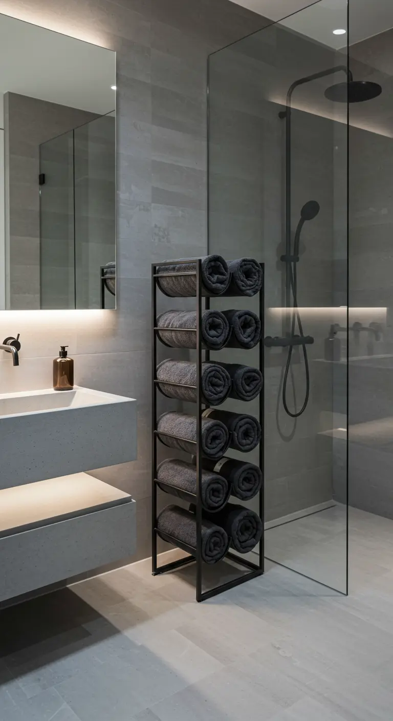 Zwart metalen rek met opgerolde grijze handdoeken in moderne badkamer.