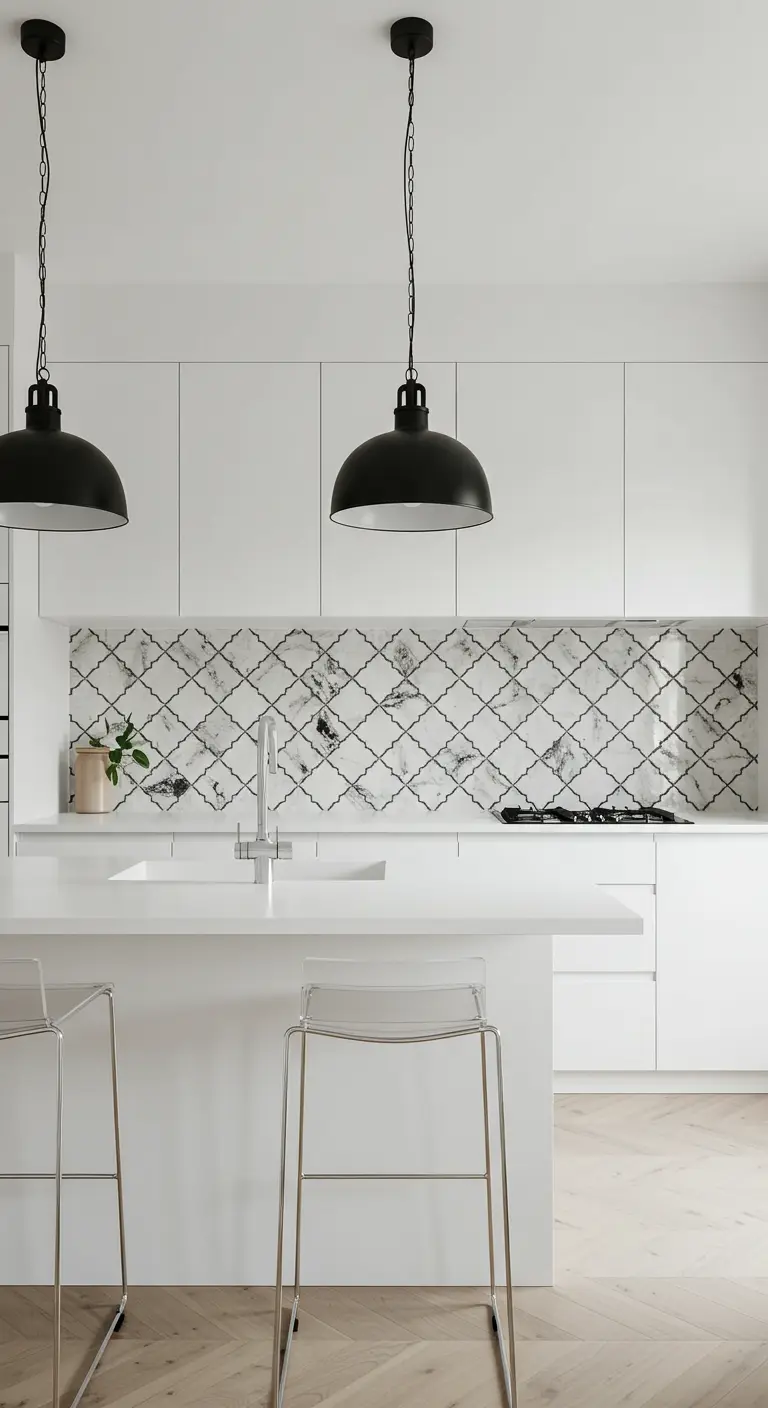 Moderne witte keuken met marmeren grafisch patroon tegels als backsplash en zwarte hanglampen.