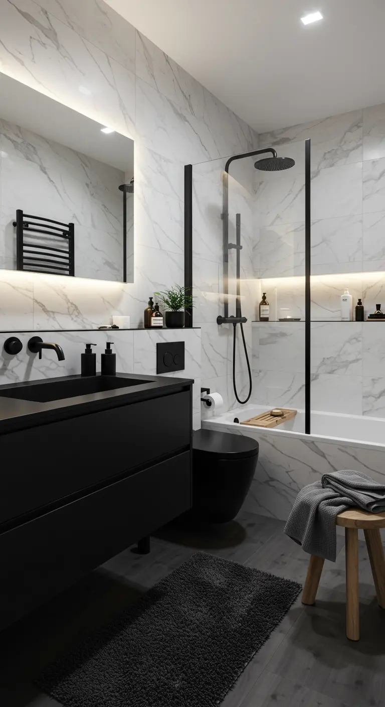 Moderne badkamer met witte marmerlook tegels en volledig zwart sanitair en meubel.