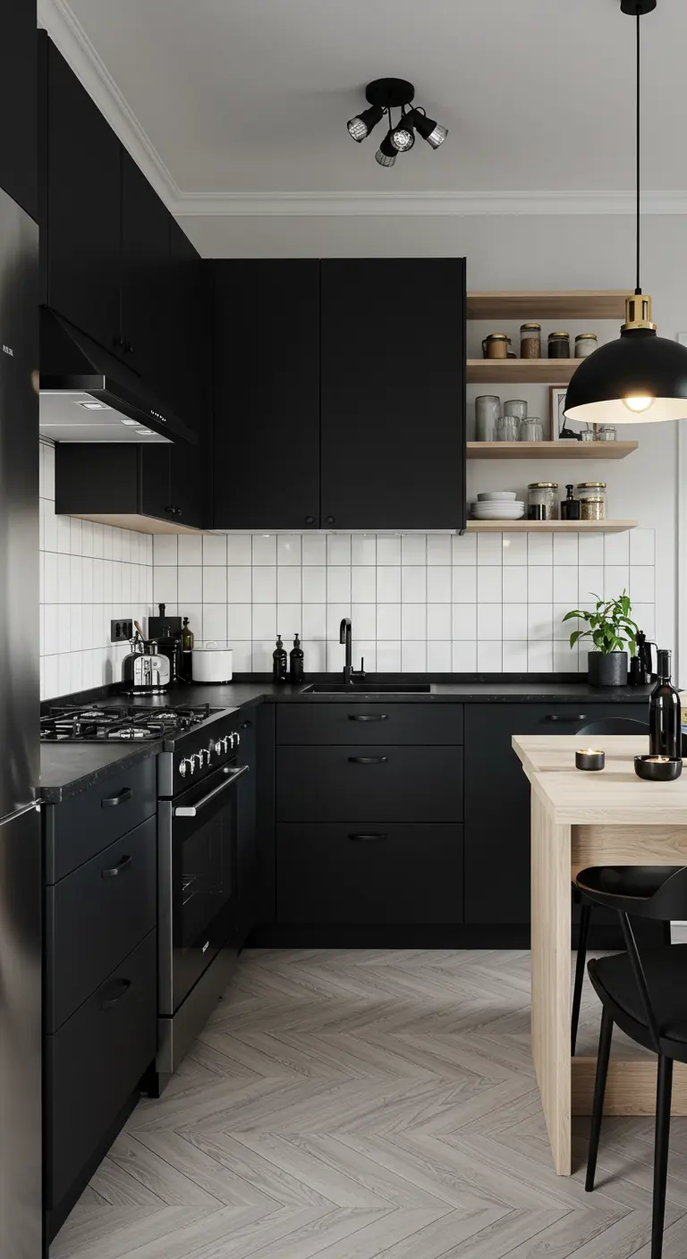 Matzwarte keuken met witte tegels en open houten planken.