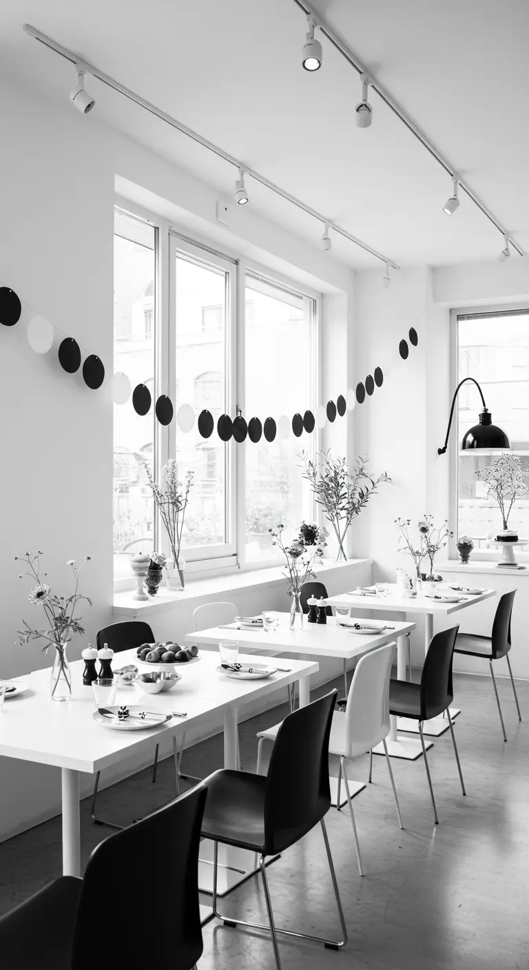 Minimalistisch café met zwart-witte cirkelslinger langs het raam en strakke tafels.