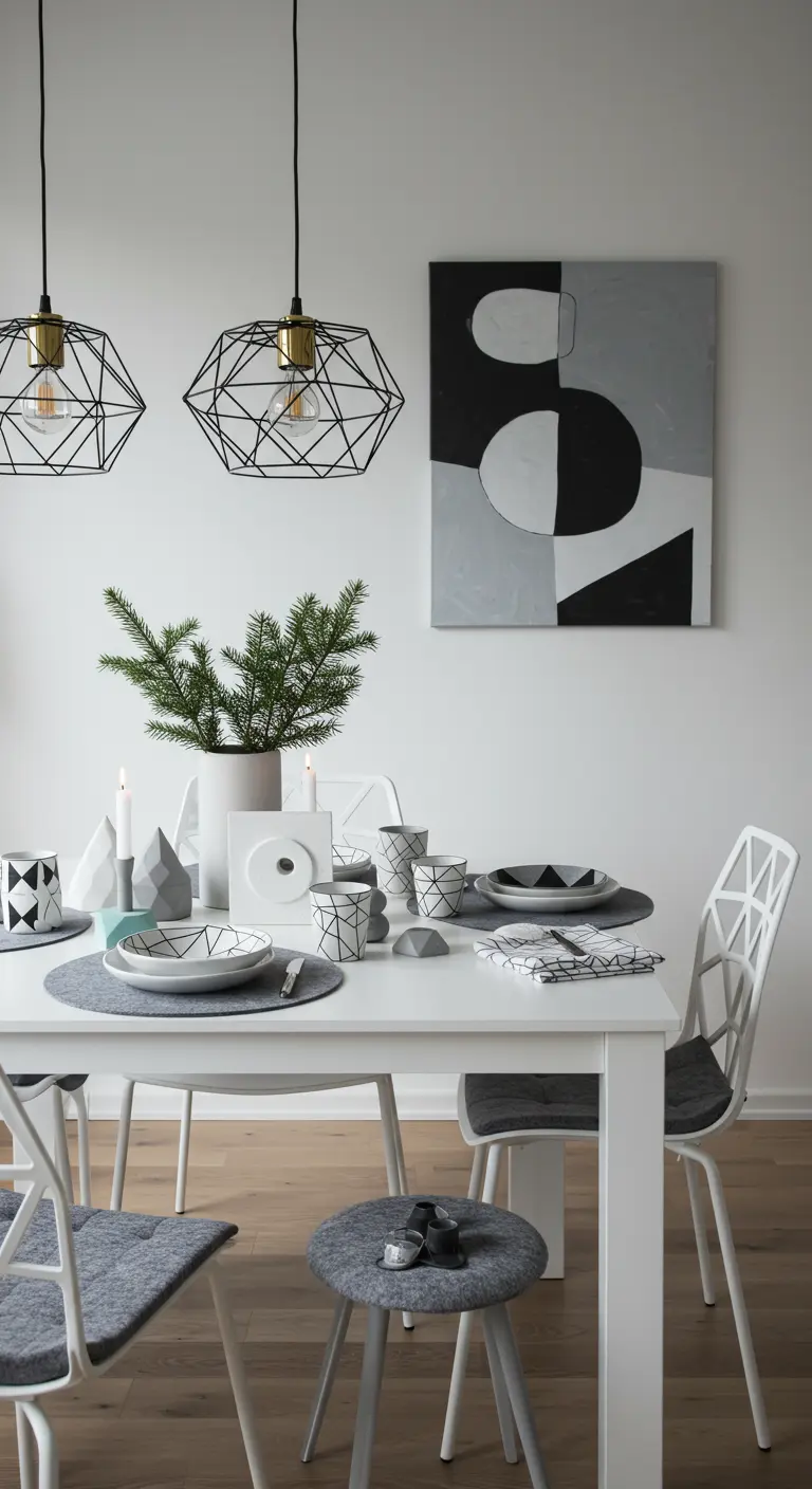 Moderne eettafel met geometrisch servies, dennentak en zwarte hanglampen.