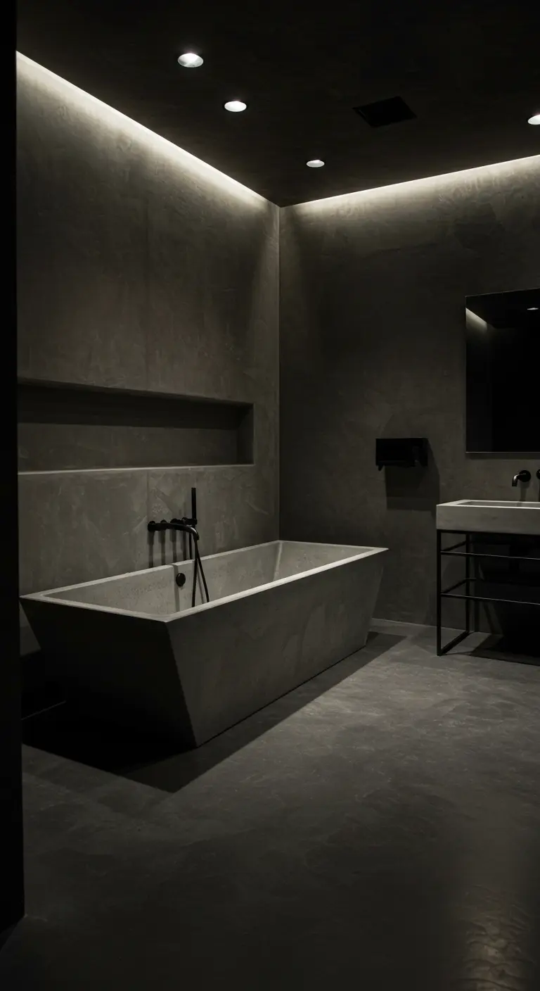 Donkere minimalistische badkamer met geometrisch betonnen bad en nisverlichting.