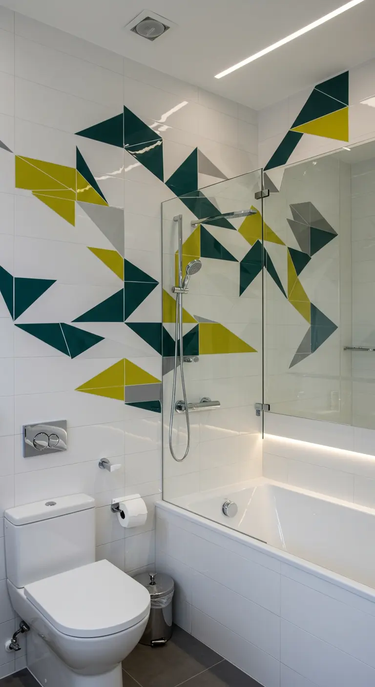 Moderne badkamer met grafisch patroon van driehoeken in groen, geel en grijs op douchewand.