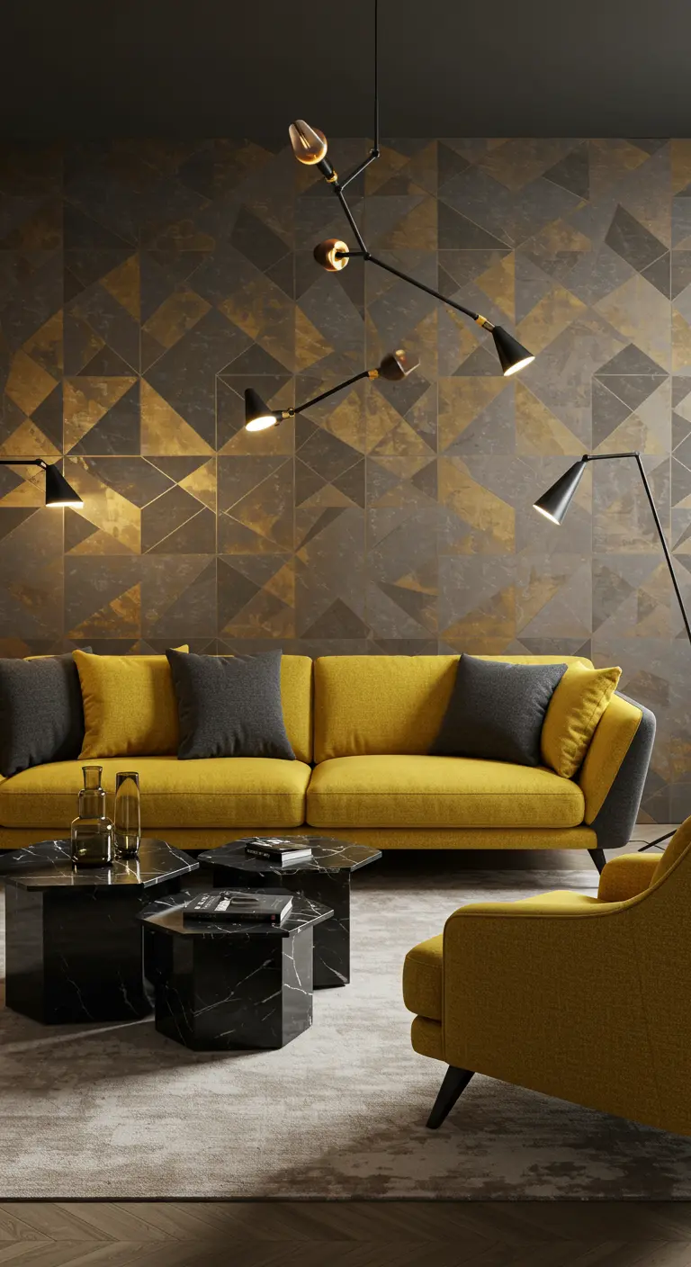 Okergele bank en fauteuil, donkergrijze kussens, geometrisch behang goud en grijs, moderne lamp.