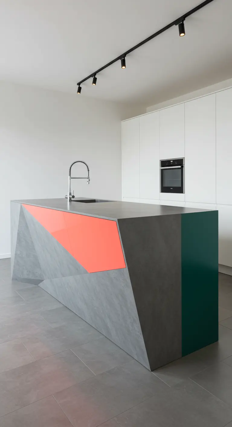 Moderne keuken met betonnen kookeiland met geometrische accenten in koraal en donkergroen.