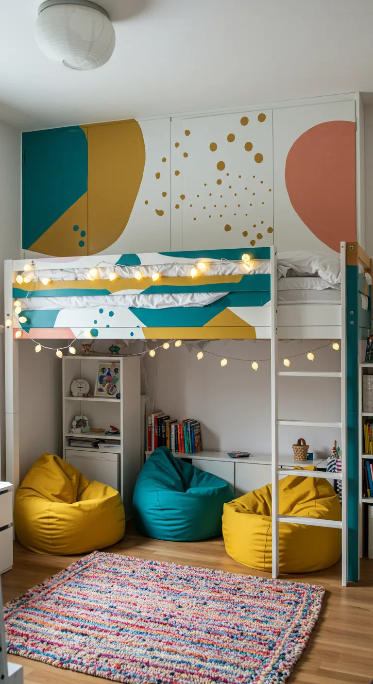 Witte hoogslaper met geometrische kleurvlakken in blauw, geel en roze op bed en muur.