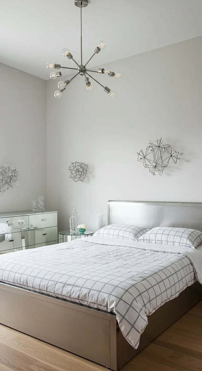 Moderne slaapkamer in wit en zilver met geometrische decoratie en geruit beddengoed.