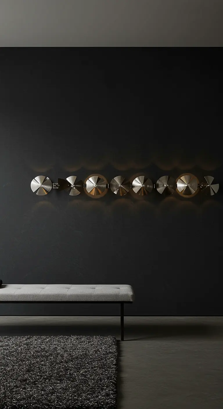 Donkere muur met een horizontale rij van glanzende metalen schijf-wandlampen.