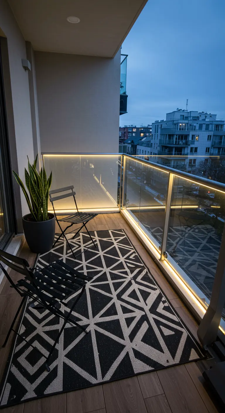 Modern balkon met zwart-wit grafisch buitenkleed en LED-verlichting.