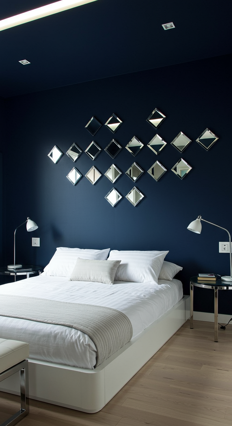 Geometrisch patroon van vierkante spiegels boven een bed tegen een donkerblauwe muur.