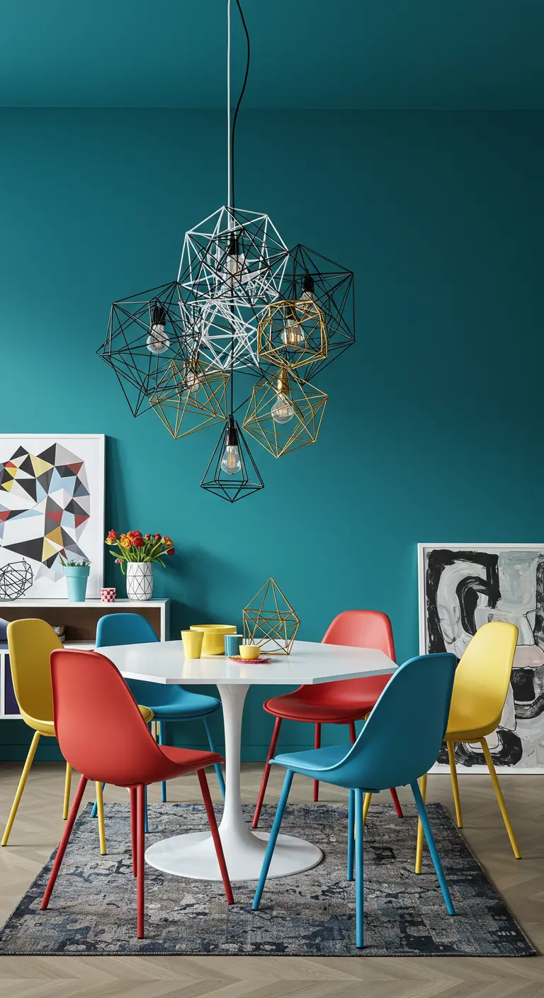 Cluster van geometrische metalen kooilampen boven een witte tafel met kleurrijke stoelen.
