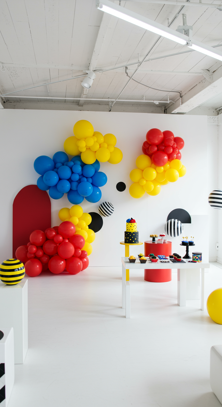 Mondriaan-geïnspireerde ballondecoratie in primaire kleuren in een witte ruimte.