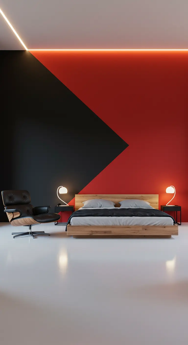 Moderne slaapkamer met diagonaal rood-zwart kleurverloop op de muur.