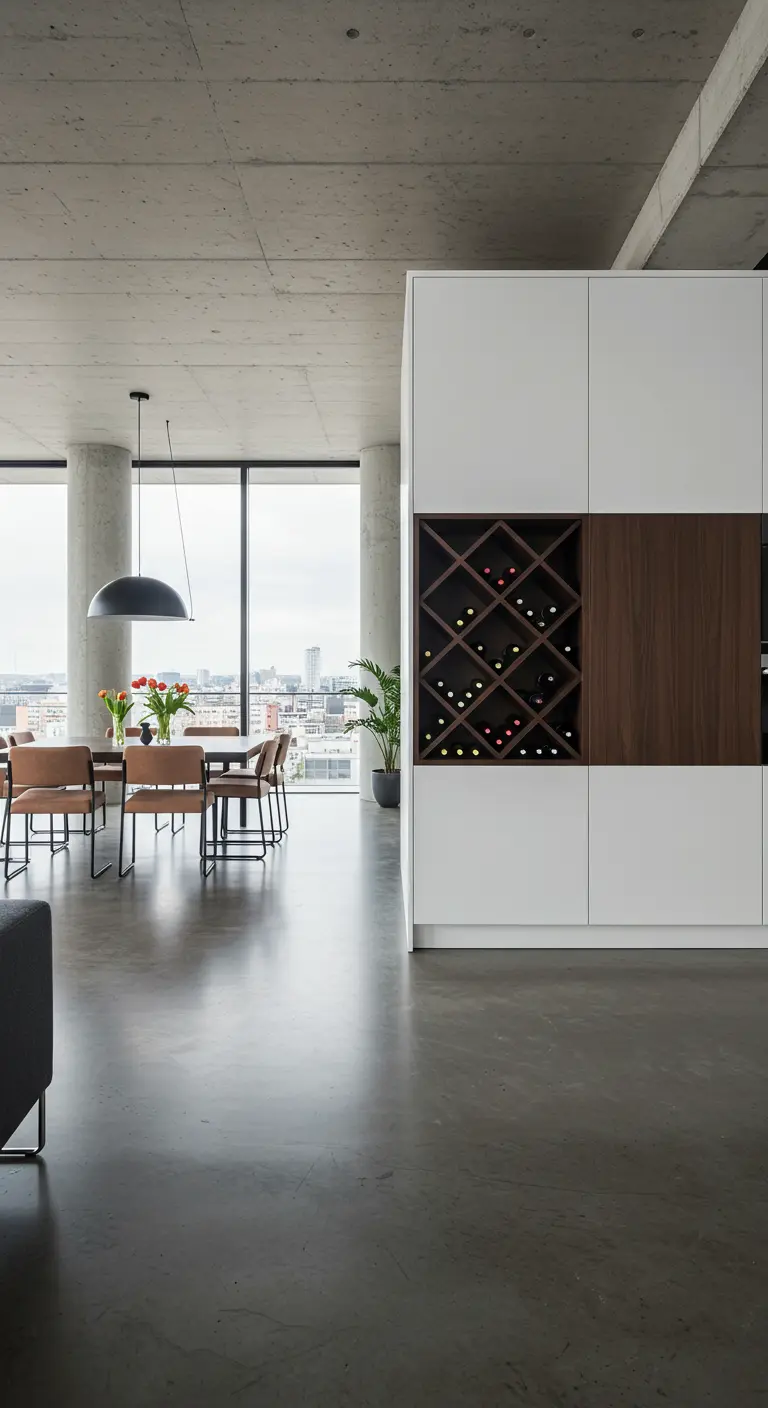 Moderne hoge witte kast met een geïntegreerd houten wijnrek in een industrieel interieur met betonnen plafond.