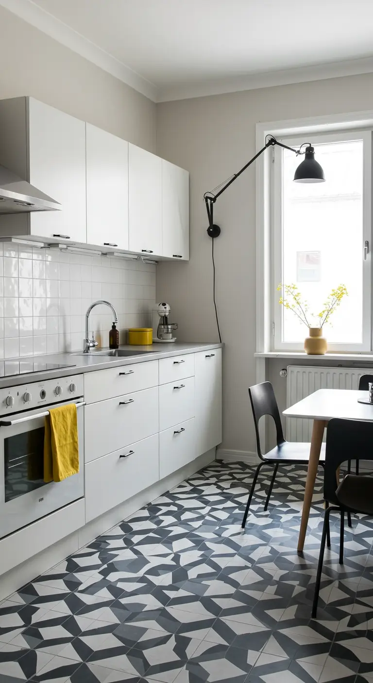 Witte Scandinavische keuken met zwart-witte grafische tegelvloer.