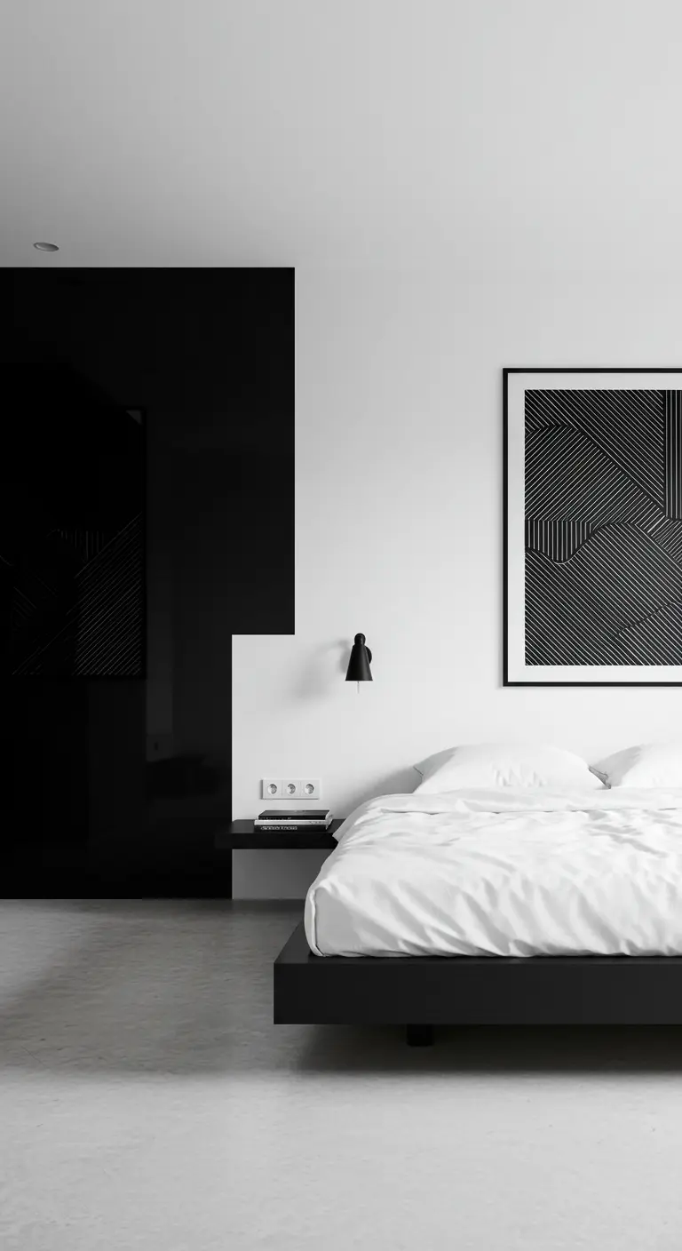 Minimalistische slaapkamer met zwart accentmuur, witte muren en zwart bedframe.