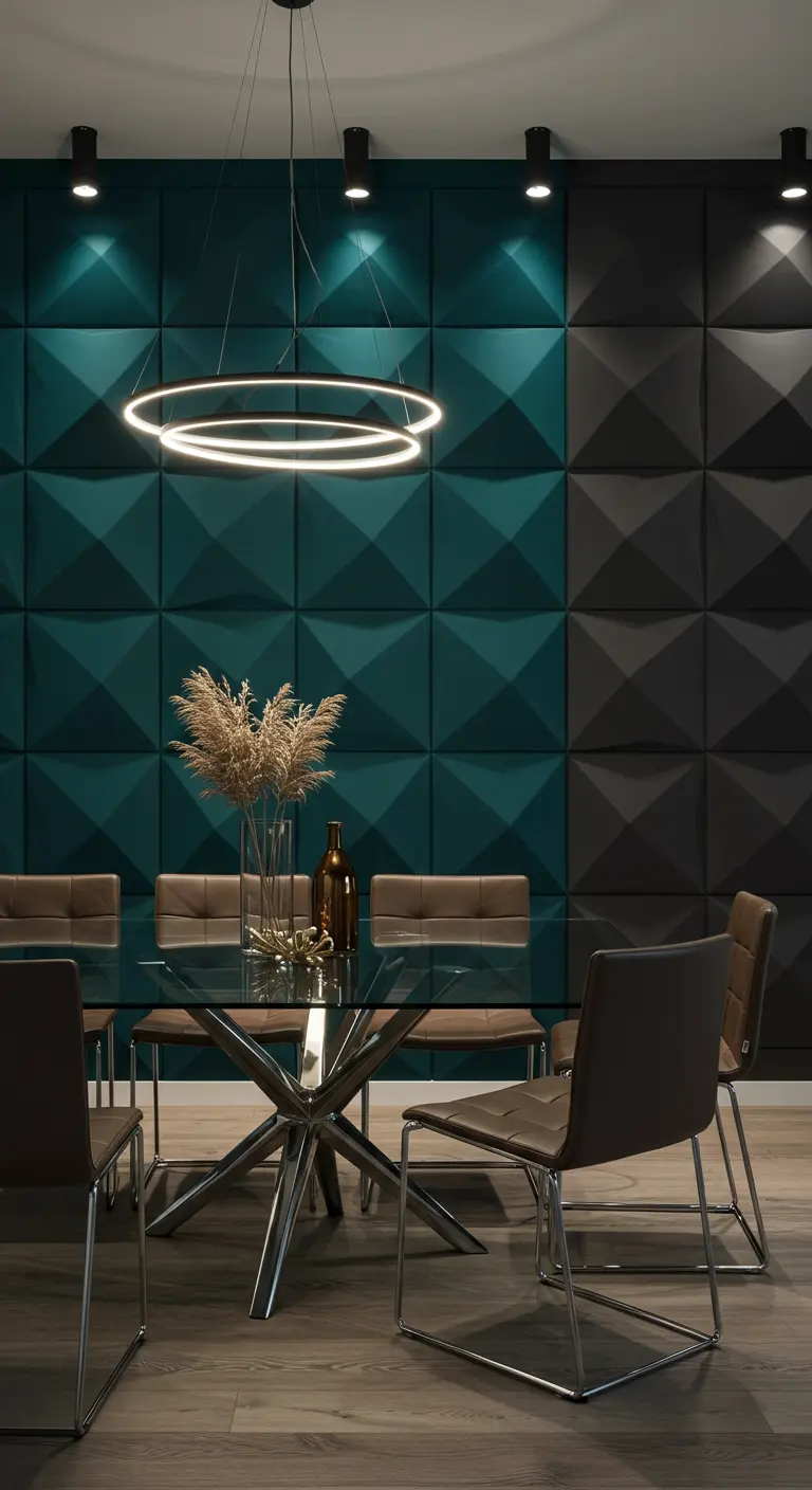 Moderne eetkamer met petrol en zwarte 3D geometrische wandpanelen.