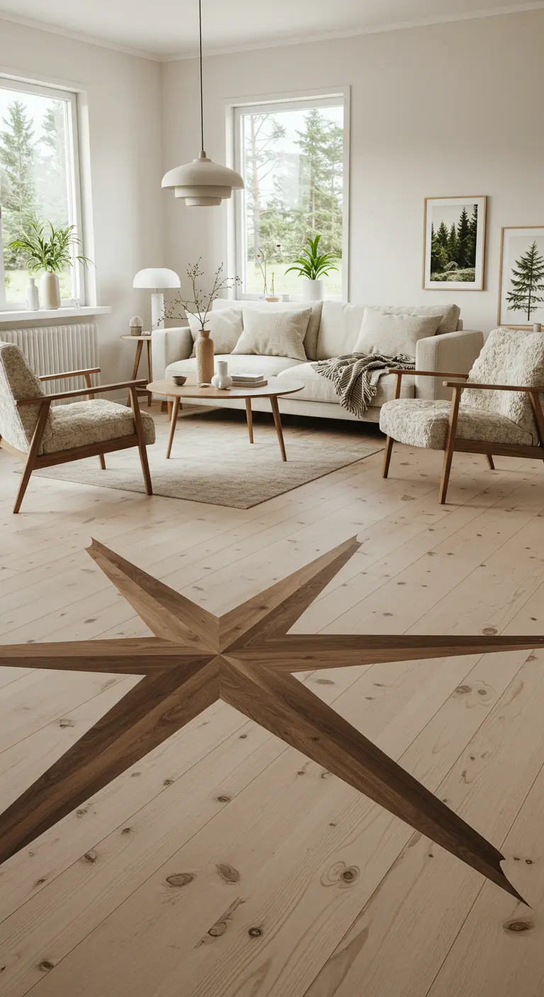 Lichte houten vloer met een grote, donkerhouten ster als inlegpatroon.