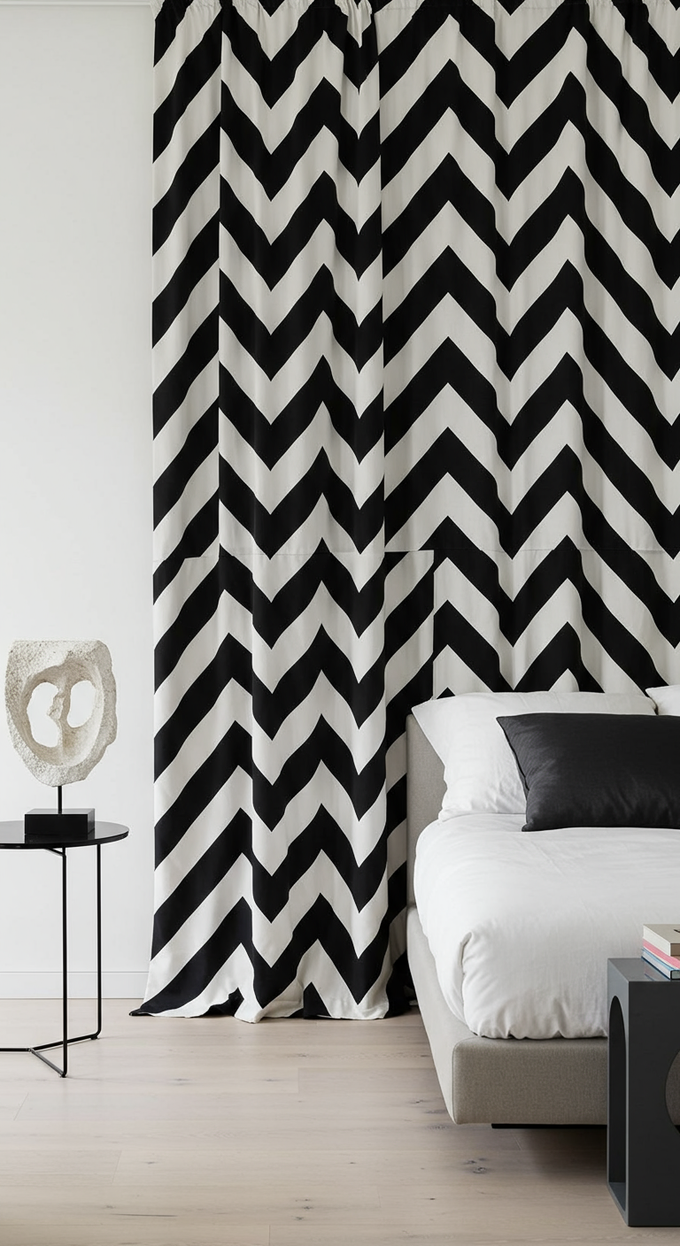 Slaapkamer met opvallende zwart-wit chevron gordijnen achter het bed.