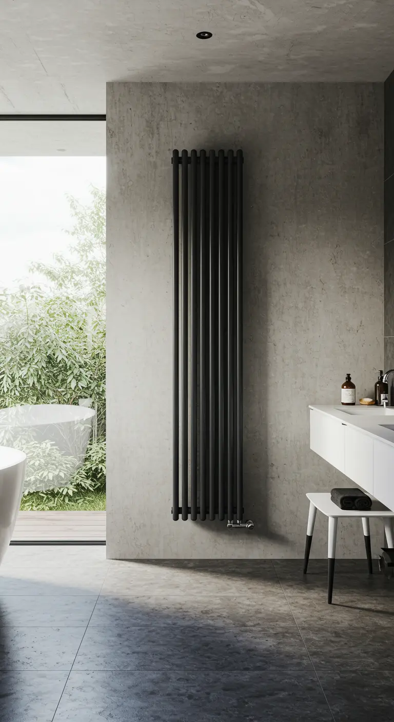 Hoge, matzwarte designradiator tegen een ruwe betonnen muur in moderne badkamer.
