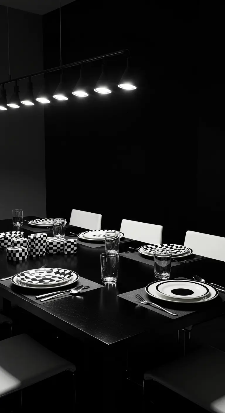 Modern gedekte tafel met zwart-wit geblokt servies in een donkere ruimte.
