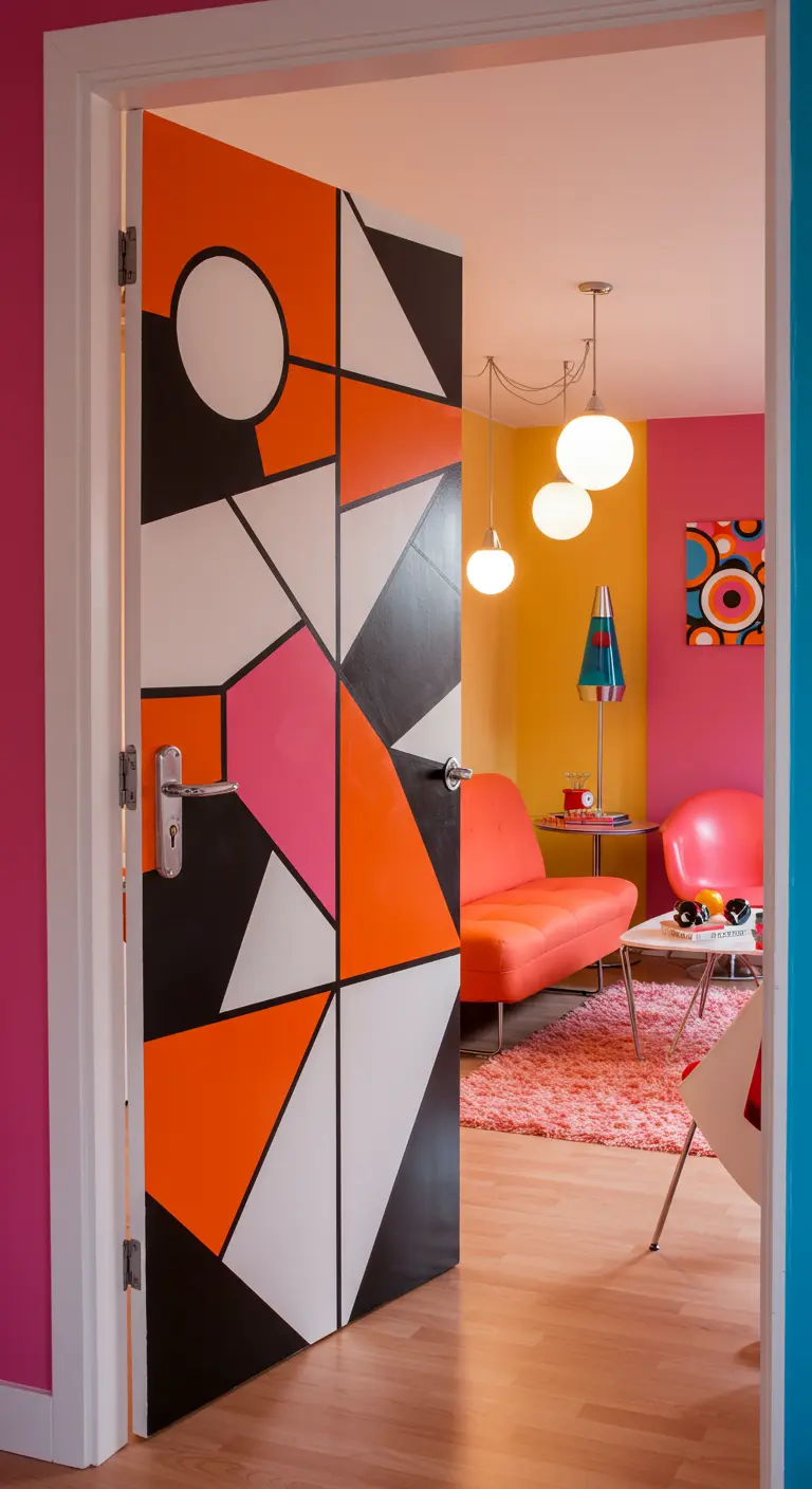 Witte deur beschilderd met een kleurrijk geometrisch patroon in de stijl van Mondriaan.