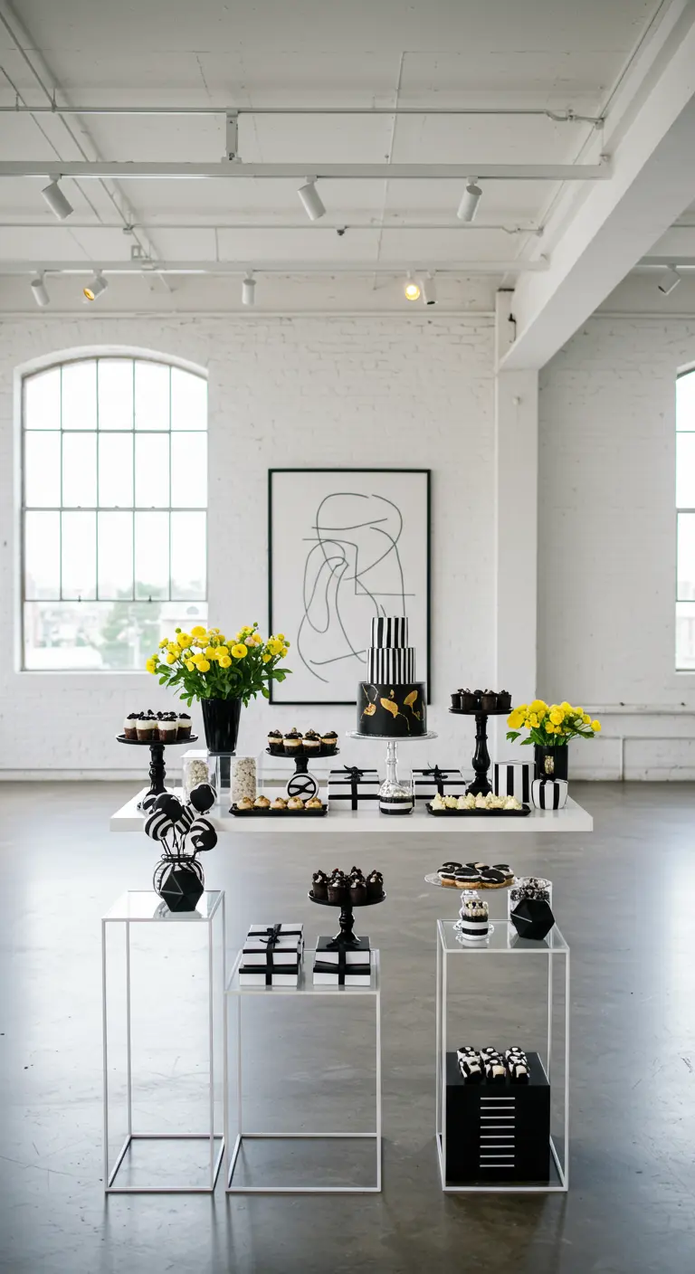 Moderne zwart-witte desserttafel met gele bloemen in industriële ruimte.