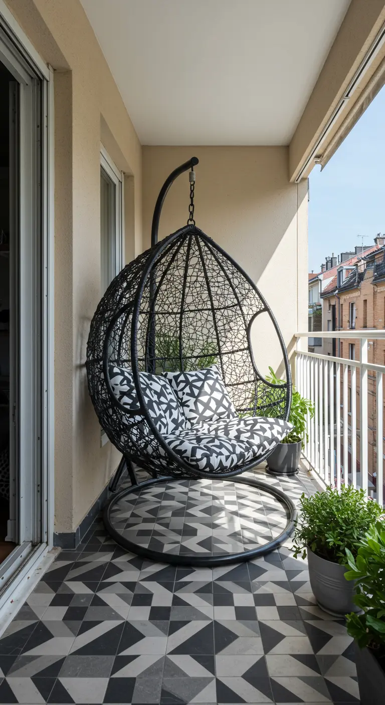 Zwarte hangstoel met zwart-wit patroon kussen op een balkon met geometrische tegelvloer.