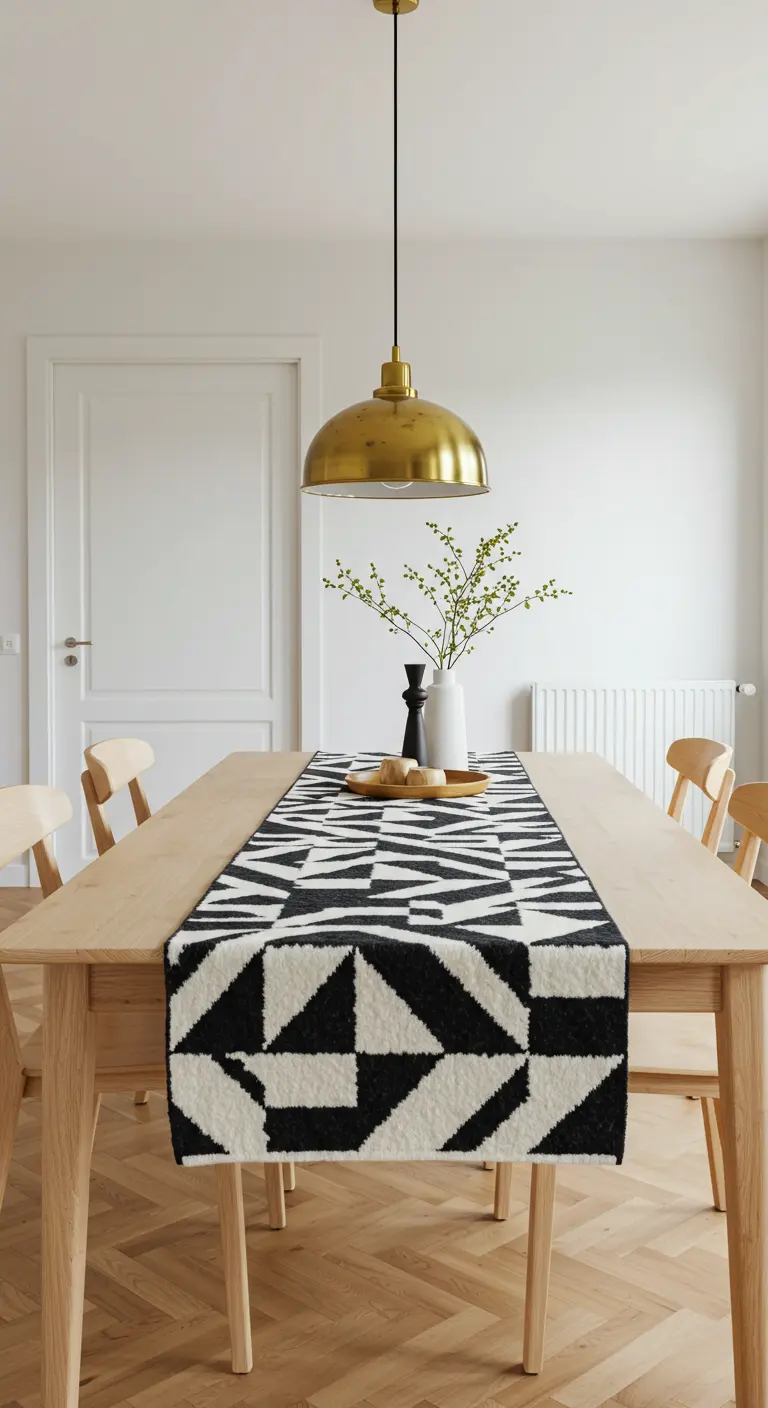 Houten eettafel met zwart-witte grafische tafelloper en messing hanglamp erboven.