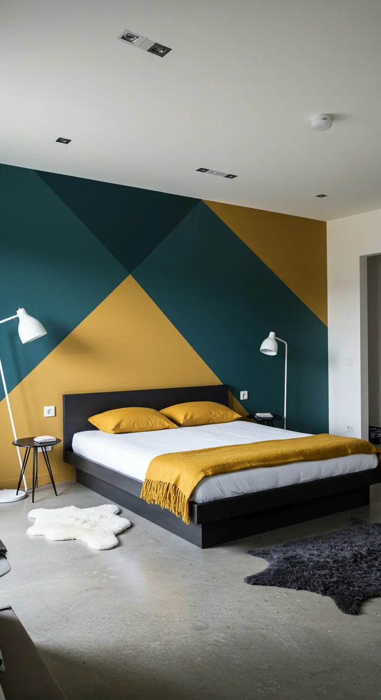 Moderne slaapkamer met een geometrisch geschilderde muur in donkergroen en okergeel.
