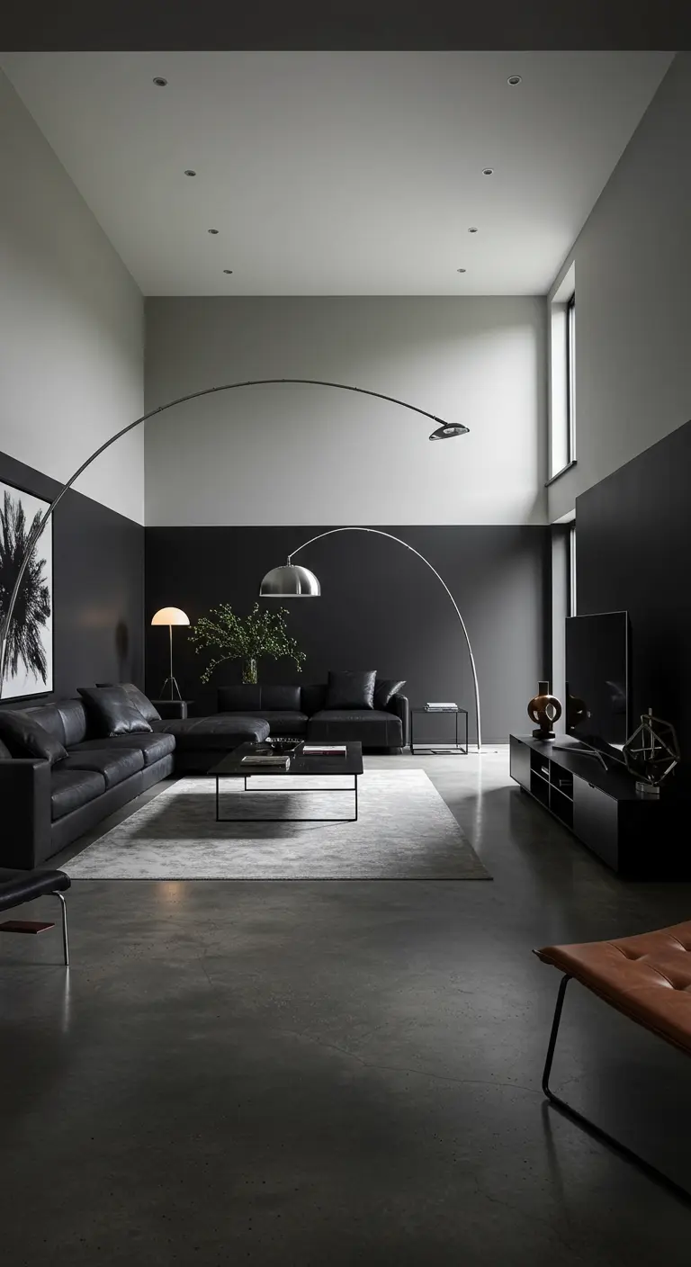 Moderne woonkamer met zwarte ondermuur, witte bovenmuur en hoog plafond.