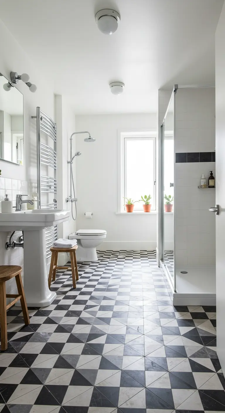 Lichte badkamer met zwart-wit geometrische driehoek vloertegels.