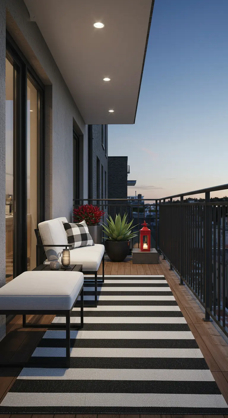Modern balkon met zwart-wit gestreept buitenkleed en witte loungemeubels.