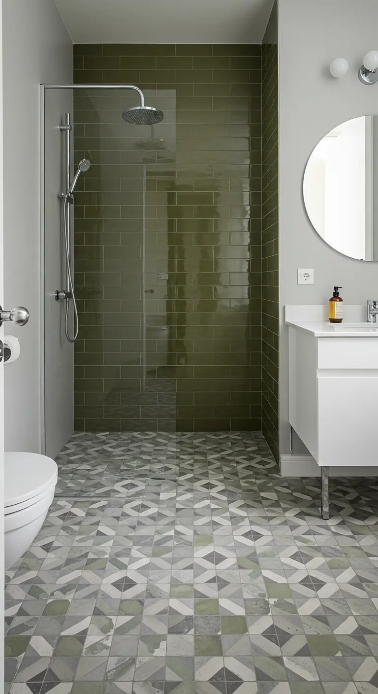 Badkamer met grafische groen-grijs-witte vloertegels en olijfgroene douchewand.