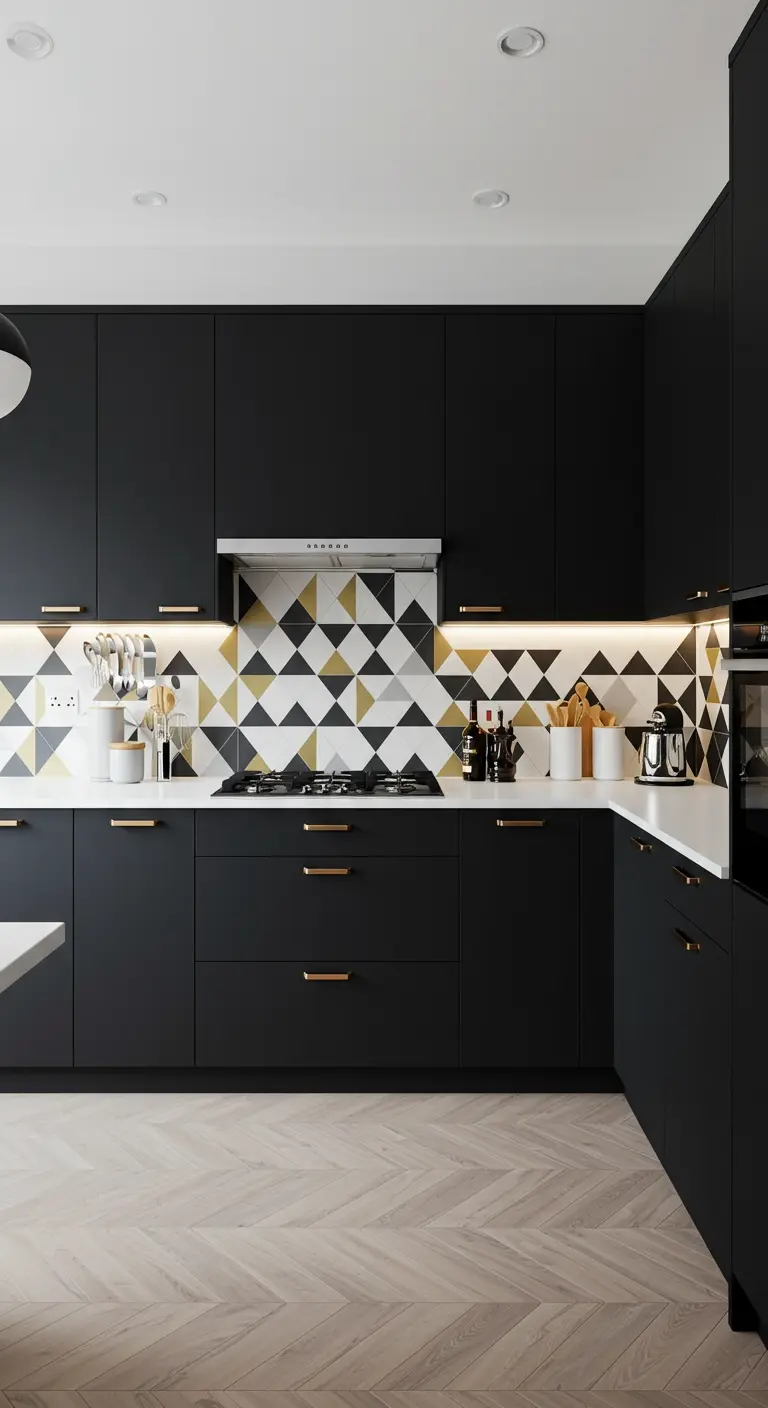 Zwarte keuken met grafische driehoekige tegels in zwart, wit en goud.