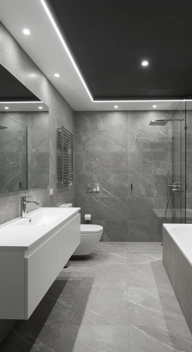 Strakke badkamer met matzwart plafond en horizontale LED-lichtlijn.