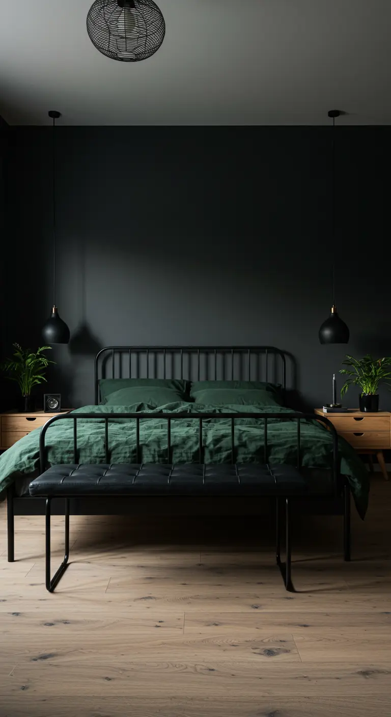 Donkere industriële slaapkamer met zwart metalen bed en een zwart leren bankje.