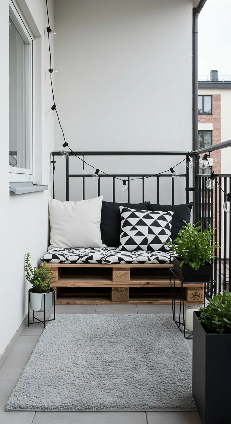 Minimalistisch zwart-wit balkon met palletbank, grafische kussens, strakke plantenpotten en lichtslingers.