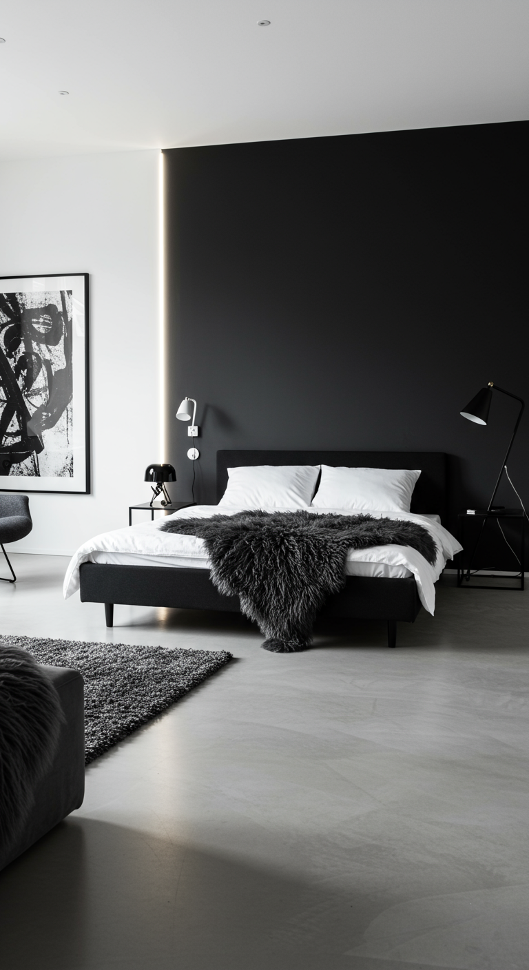 Moderne zwart-wit slaapkamer met zwarte accentmuur, wit beddengoed en grafische kunst.