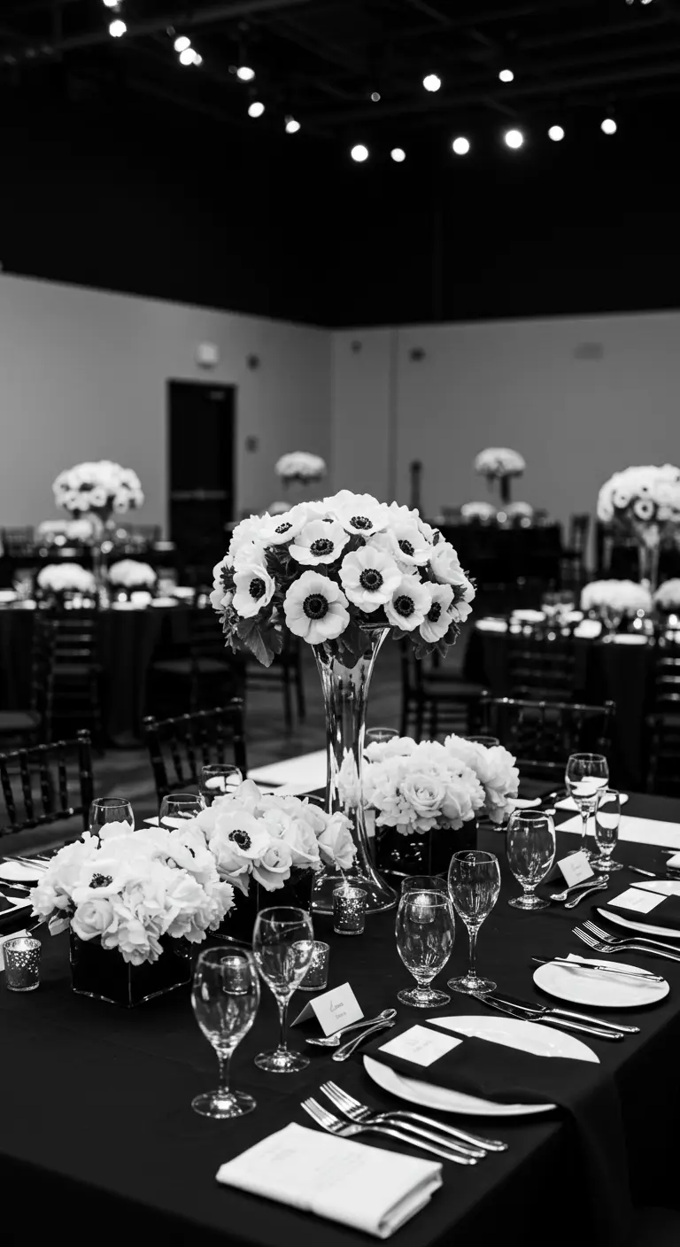 Elegante zwart-wit bruiloftstafel met anemonen en grafische details.