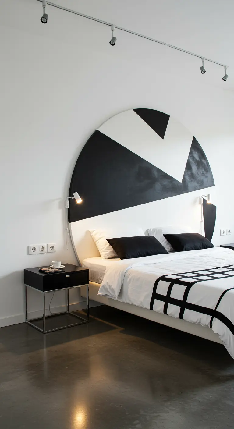 Groot rond, deels zwart, deels wit geschilderd hoofdbord in een moderne slaapkamer.