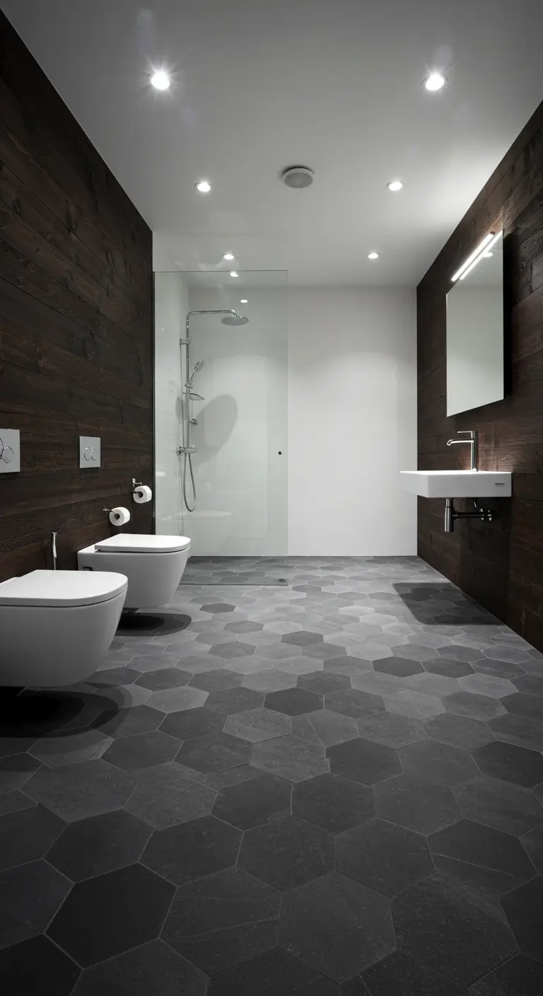 Moderne badkamer met donkergrijze hexagon vloertegels en donker hout.