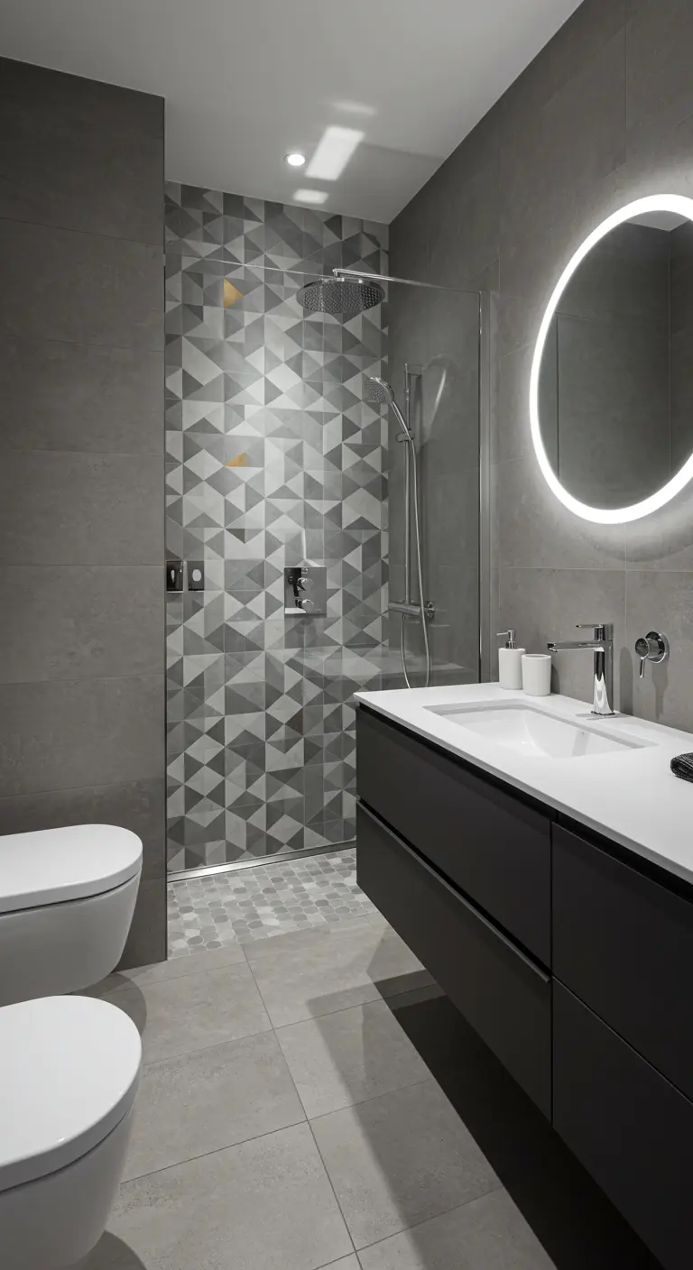 Moderne badkamer met grafische driehoekstegels in de douche en ronde lichtspiegel.