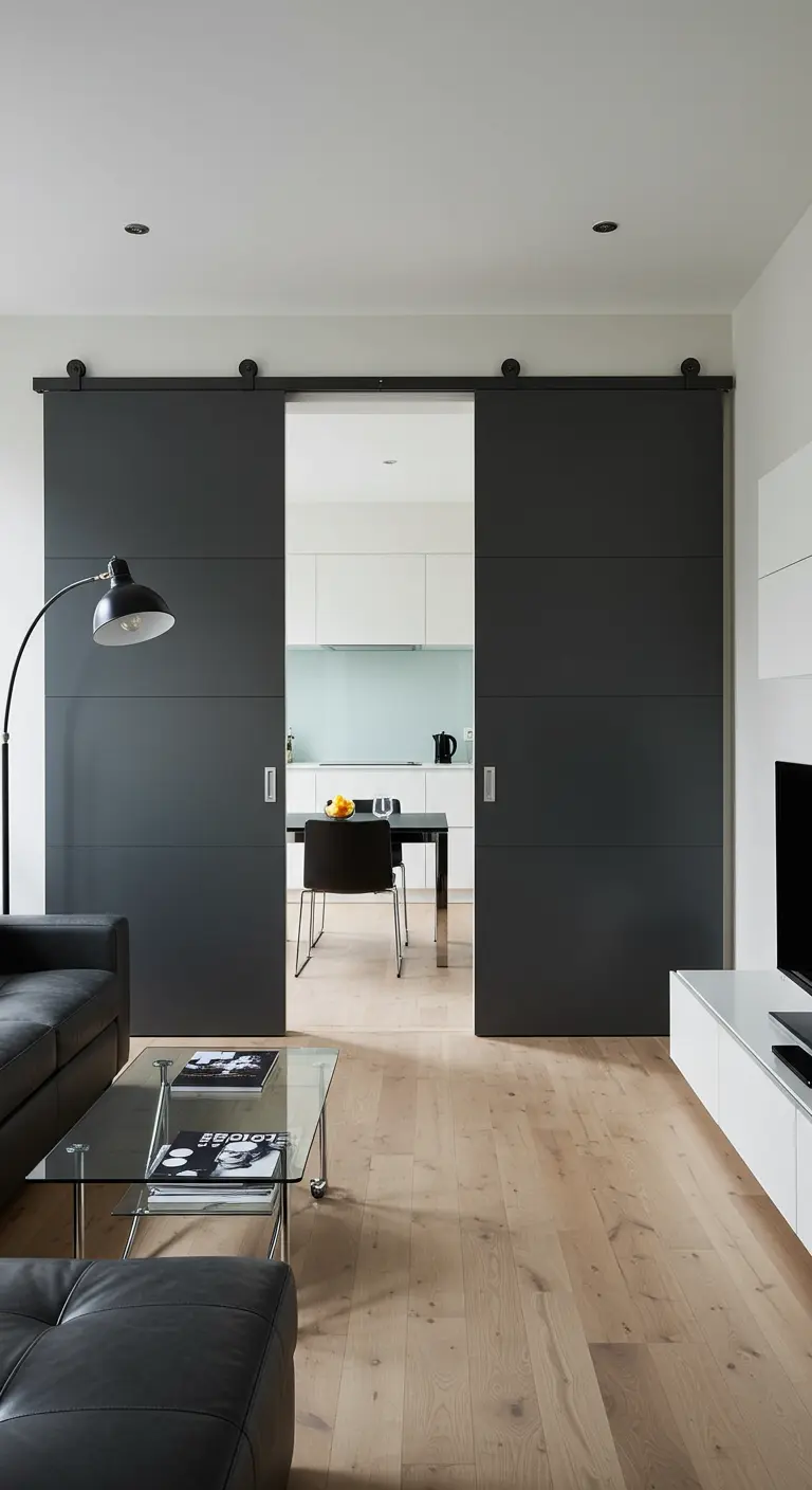Dubbele, moderne matzwarte schuifdeuren met panelen, scheiden woonkamer van keuken.
