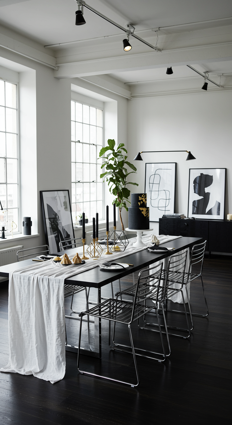 Strak gedekte tafel in zwart-wit met gouden accenten en moderne kunst.